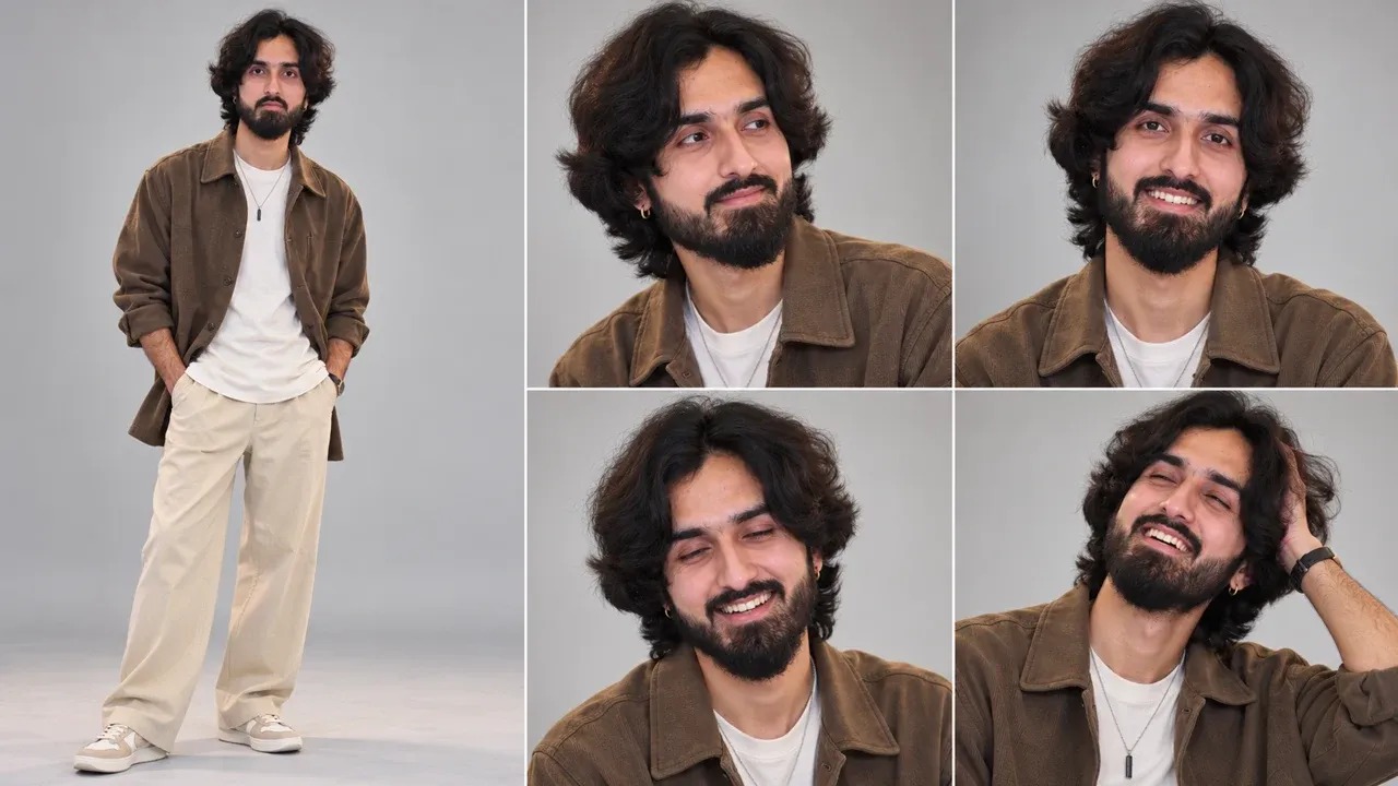 Character A (Joy) character reference sheet — full-body view and four happy, laughing expressions on a plain grey studio background