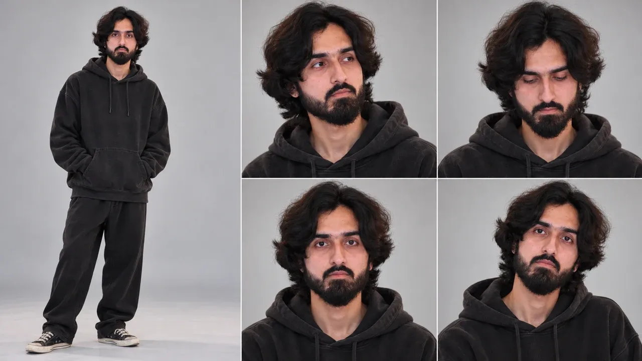 Character B (Numb) character reference sheet — full-body view and four blank, emotionless expressions on a plain grey studio background