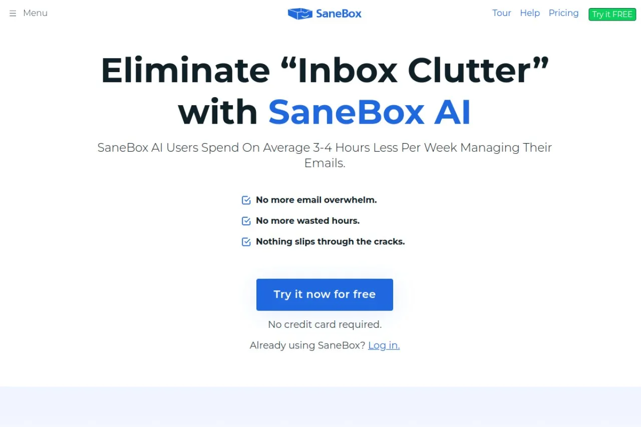 SaneBox homepage screenshot