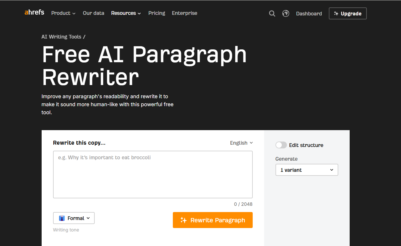 Ahrefs paragraph rewriter tool screenshot
