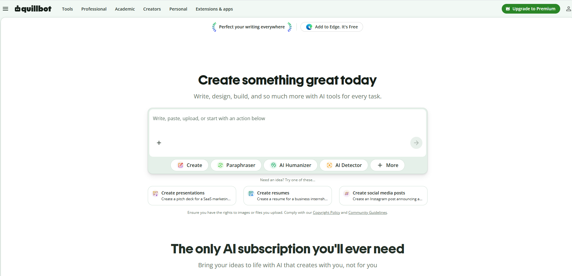 QuillBot AI humanizer page screenshot