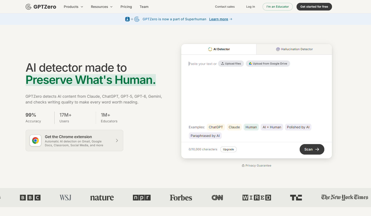 GPTZero homepage screenshot